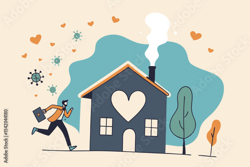 Social Distancing, stay home in COVID-19 coronavirus outbreak, stay in the house to prevent virus infection, happy businessman stay calm running to lovely safe home with virus pathogens outside