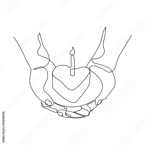 Continuous line of people hand holding creamy sweet birthday cake with candle and topping. Traditional birthday bakery dessert for party. Editable stroke sketch drawing vector illustration