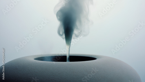 Steam rising from modern ceramic diffuser in minimal light background, spa and wellness mood.