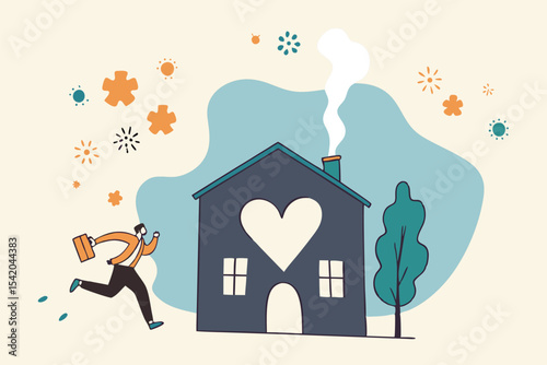Social Distancing, stay home in COVID-19 coronavirus outbreak, stay in the house to prevent virus infection, happy businessman stay calm running to lovely safe home with virus pathogens outside