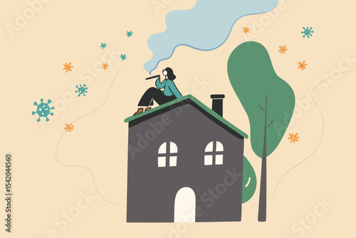 Social Distancing, stay at home in COVID-19 virus outbreak, employee work at home to prevent virus infection, young woman sit on house roof with cat using telescope spying COVID-19 virus pathogens