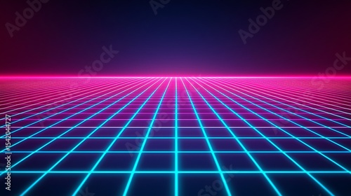 Fototapeta Naklejka Na Ścianę i Meble -  A glowing neon grid stretches towards a dark horizon, evoking a futuristic and retro digital landscape with vibrant pink and blue tones.