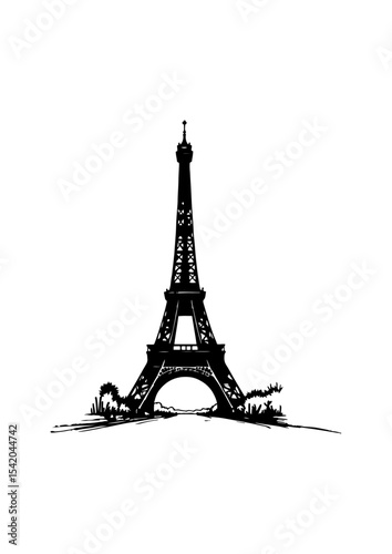 hand drawn eiffel tower illustration for poster and banner. engraving black and white Eiffel tower in France straight view .The eiffel tower is shown.
