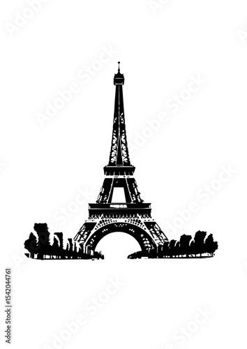 hand drawn eiffel tower illustration for poster and banner. engraving black and white Eiffel tower in France straight view .The eiffel tower is shown.
