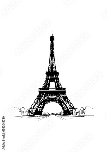 hand drawn eiffel tower illustration for poster and banner. engraving black and white Eiffel tower in France straight view .The eiffel tower is shown.
