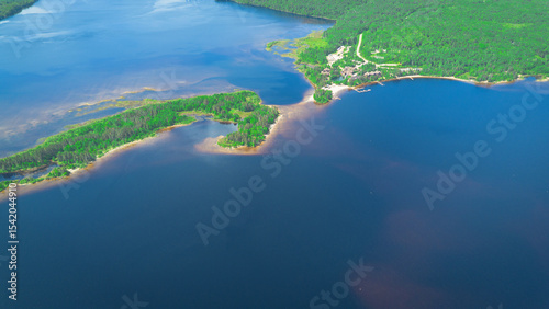 Aerial view of a large lake in the Canadian forest in Quebec in the Lanaudière region