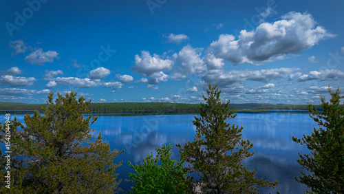 Aerial view of a large lake in the Canadian forest in Quebec in the Lanaudière region