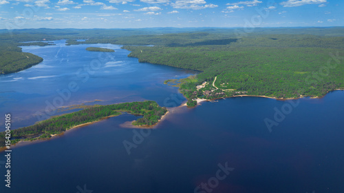 Aerial view of a large lake in the Canadian forest in Quebec in the Lanaudière region