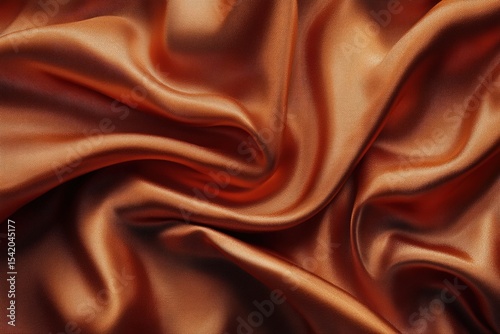 Shiny crumpled silk fabric in rich copper color with soft folds and elegant sheen creating a luxurious flowing texture