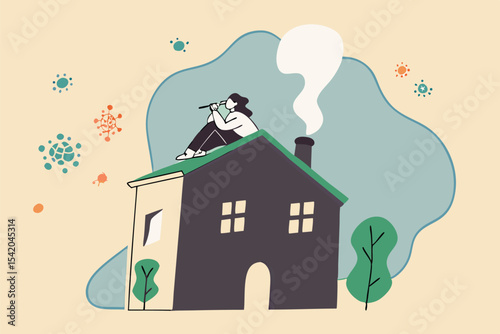 Social Distancing, stay at home in COVID-19 virus outbreak, employee work at home to prevent virus infection, young woman sit on house roof with cat using telescope spying COVID-19 virus pathogens