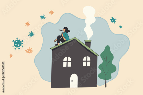 Social Distancing, stay at home in COVID-19 virus outbreak, employee work at home to prevent virus infection, young woman sit on house roof with cat using telescope spying COVID-19 virus pathogens
