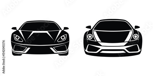 Luxurious Sports Car Front View Zooming Through Curves Silhouette on White Background