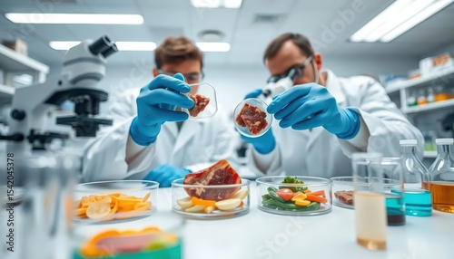 Two scientists in white lab coats and blue gloves examining cell-based meat samples in petri dishes