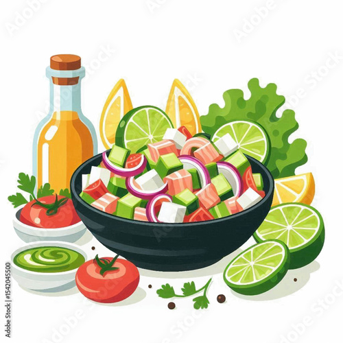 A vibrant ceviche bowl with lime wedges red onions and avocado accompanied by olive oil and a tomatillo sauce