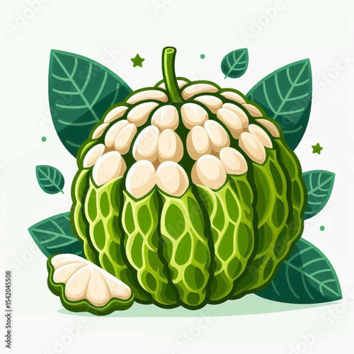 A vibrant depiction of a sugarapple fruit amid green foliage