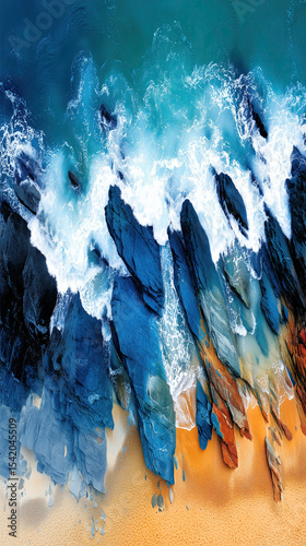 Ocean waves crashing on rocky shoreline aerial view nature scene