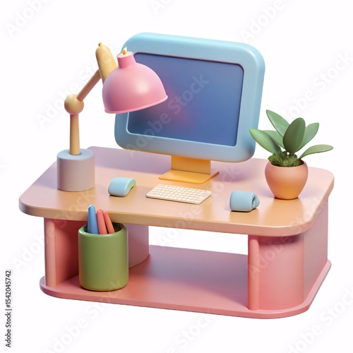 Pastel computer desk setup 3d render isolated on white background