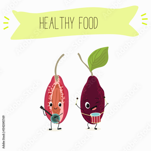 Cherry, fruit, dogwood, cornelian, cornus, funny cheerful characters. Vector hand drawn  illistration.