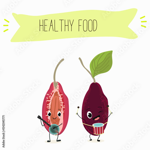 Cherry, fruit, dogwood, cornelian, cornus, funny cheerful characters. Vector hand drawn  illistration.