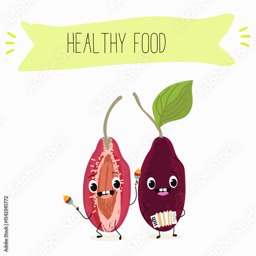 Cherry, fruit, dogwood, cornelian, cornus, funny cheerful characters. Vector hand drawn  illistration.