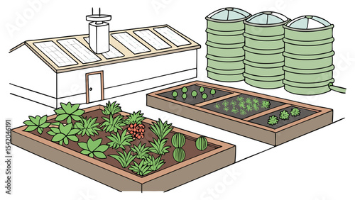 Illustration of a greenhouse with solar panels, water tanks, and raised garden beds with plants and crops