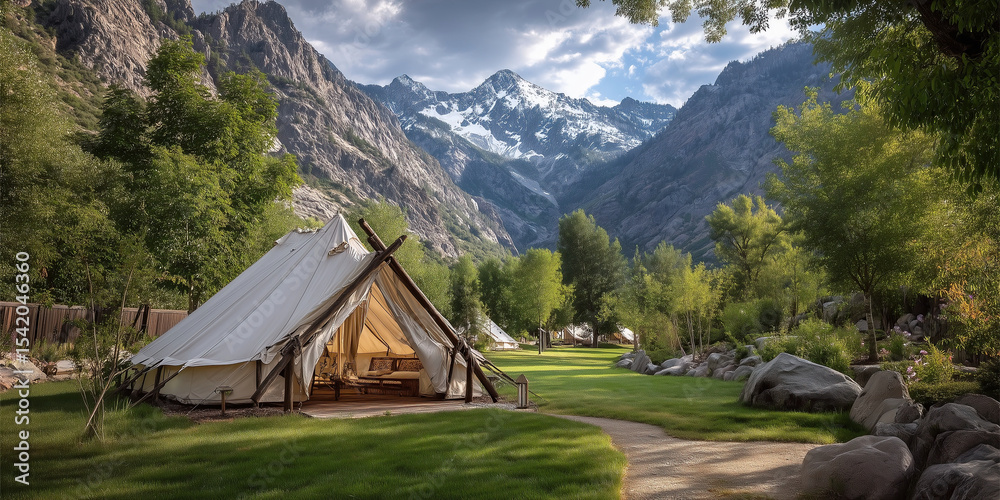 Fototapeta premium Camping adventure in scenic mountains tent setup nature serenity