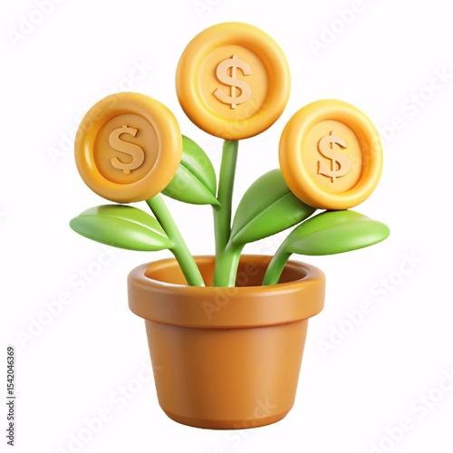 Money tree plant growing dollars isolated on white background