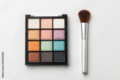 A colorful eyeshadow palette with twelve shades and a makeup brush on a white background. photo