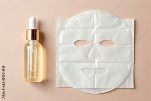 A cosmetic dropper bottle with golden liquid next to a white face sheet mask on a beige background, symbolizing skincare and beauty treatment essentials.