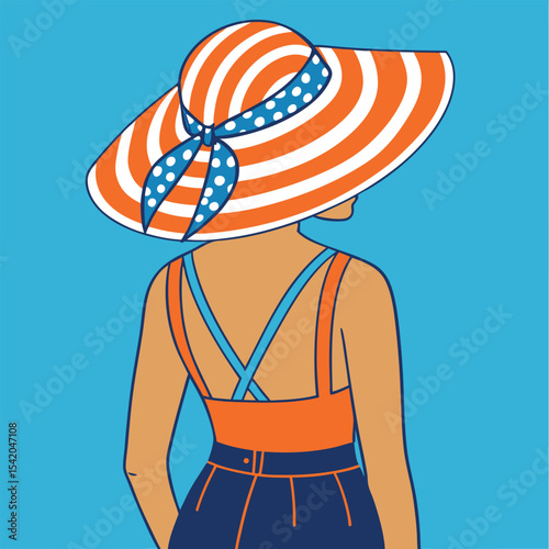 Woman in striped sun hat and orange swimsuit