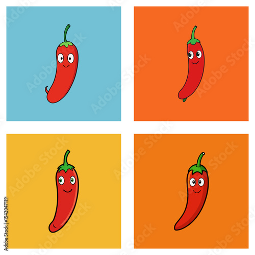 Four cartoon red chili peppers with eyes on blue orange and yellow square backgrounds displayed together