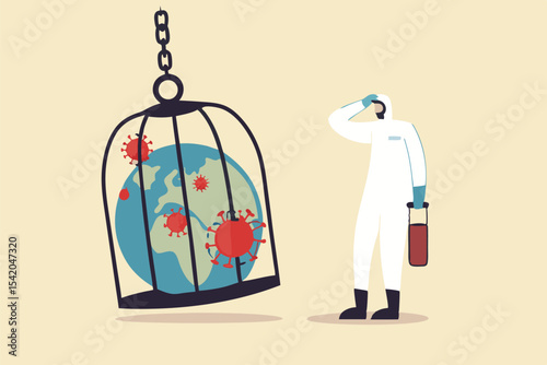 Coronavirus COVID-19 lockdown or quarantine, restricted access to country combat with COVID-19 virus outbreak, medical worker full protective gear with key after locked sick earth planet in cage