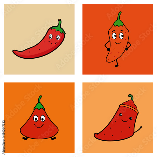 A collection of four cartoon red chili peppers with different shapes and facial expressions in square frames