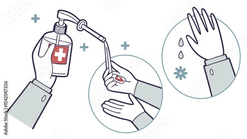 Illustration showing hand sanitizing process with bottle and washing hands in a circular frame design