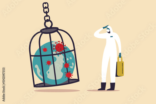 Coronavirus COVID-19 lockdown or quarantine, restricted access to country combat with COVID-19 virus outbreak, medical worker full protective gear with key after locked sick earth planet in cage
