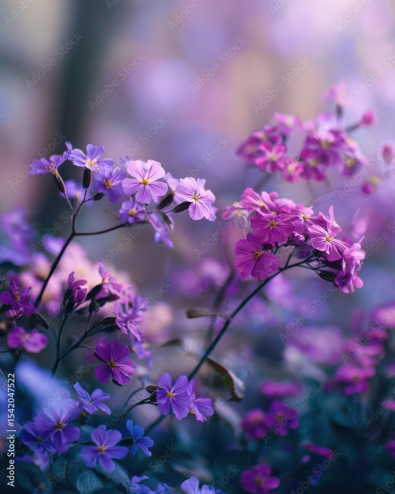 Fototapeta premium Delicate Purple and Pink Flowers Blooming in Soft Light with a Beautiful Bokeh Background