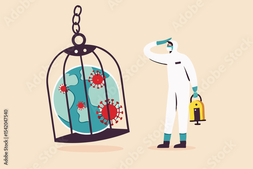 Coronavirus COVID-19 lockdown or quarantine, restricted access to country combat with COVID-19 virus outbreak, medical worker full protective gear with key after locked sick earth planet in cage