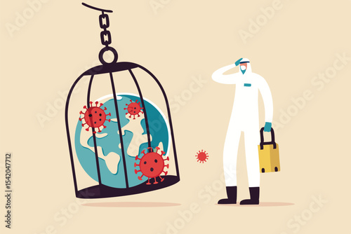 Coronavirus COVID-19 lockdown or quarantine, restricted access to country combat with COVID-19 virus outbreak, medical worker full protective gear with key after locked sick earth planet in cage