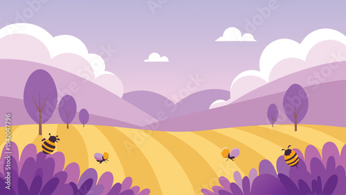 Whimsical landscape illustration featuring bees flying over fields and purple trees