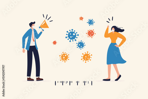 Social distancing, keep distance in public society people to protect from COVID-19 coronavirus outbreak spreading concept, businessman and woman keep distance away in the meeting with virus pathogens