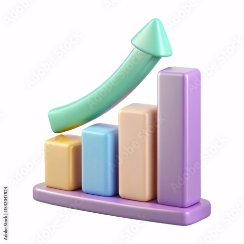 3d pastel bar graph with upward arrow isolated on white background
