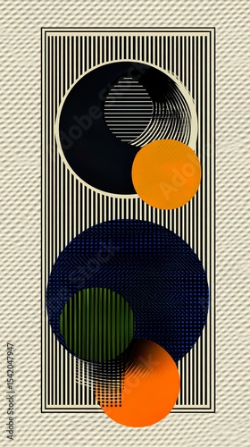 Abstract geometric composition featuring circles stripes lines and textured surface