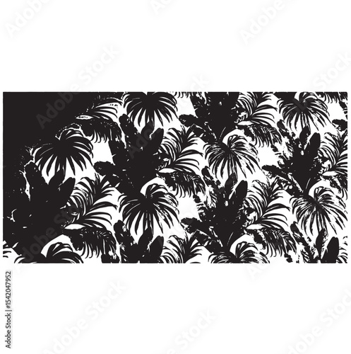 Black silhouettes of palm trees, tropical leaves of trees. Collection of tropical exotic leaves of palm, monstera, coconut, banana tree.
