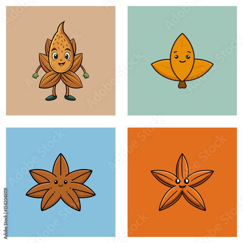 Four cartoon drawings of anthropomorphic star anise and leaves with smiling faces on colored backgrounds