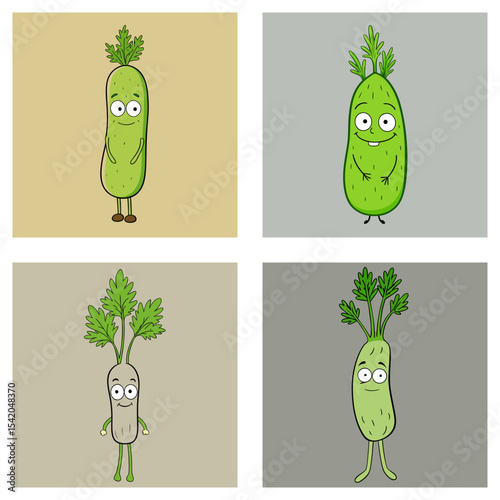 Four cartoon images of anthropomorphic vegetables with expressive faces and leafy green tops displayed