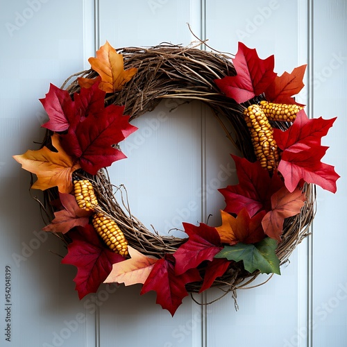 Autumnal Grapevine Wreath with Red Maple Leaves and Corn Decor Perfect for Thanksgiving