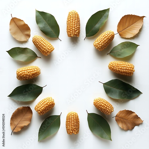 Golden Corn and Autumn Leaves Frame Fall Harvest Bounty Flatlay
