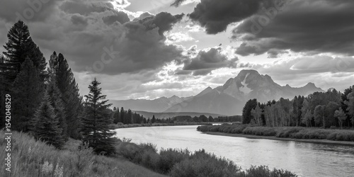 Grand Teton River View in Black and White, Landscape, Nature