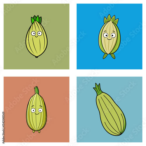 Four cartoonish zucchini vegetables with different expressions and backgrounds in a grid arrangement