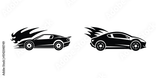 Fast Sports Car Profile View Blasting Off Flat Vec Silhouette on White Background
